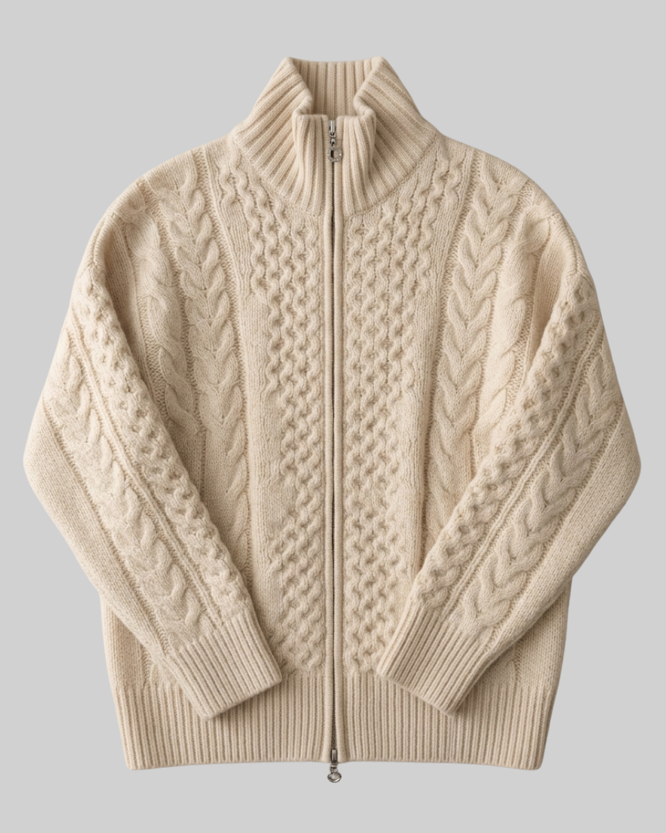 Women's Cable Knit Wool Zip Up Cardigan Sweater Jumper
