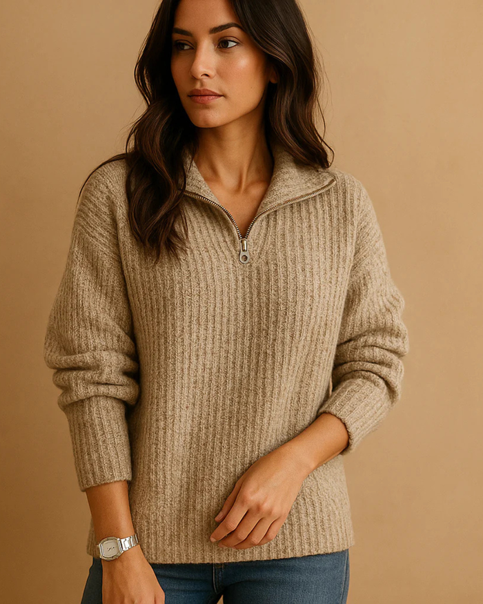Women's Half Zip Ribbed Knit Structured Sweater