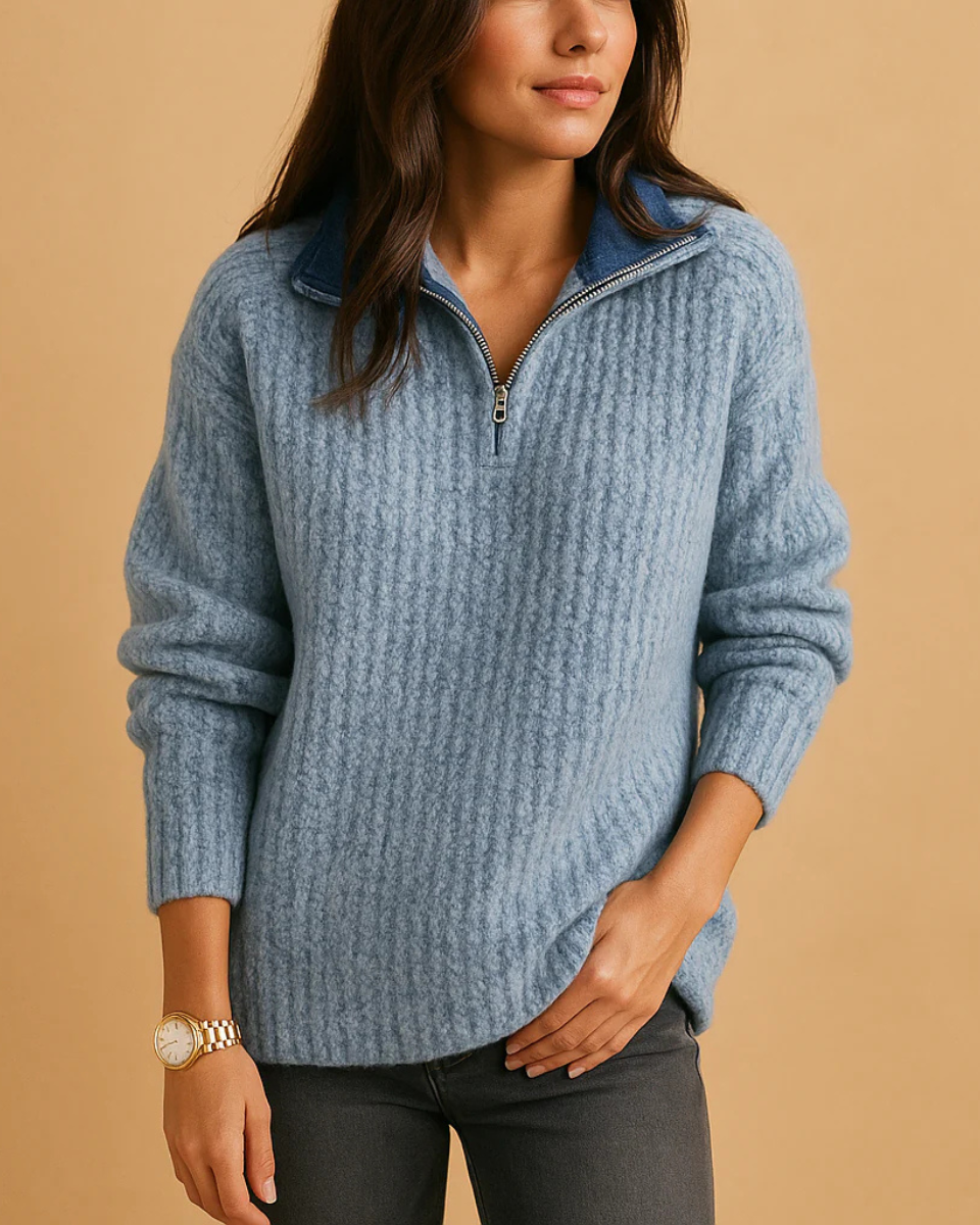 Women's Half Zip Ribbed Knit Structured Sweater