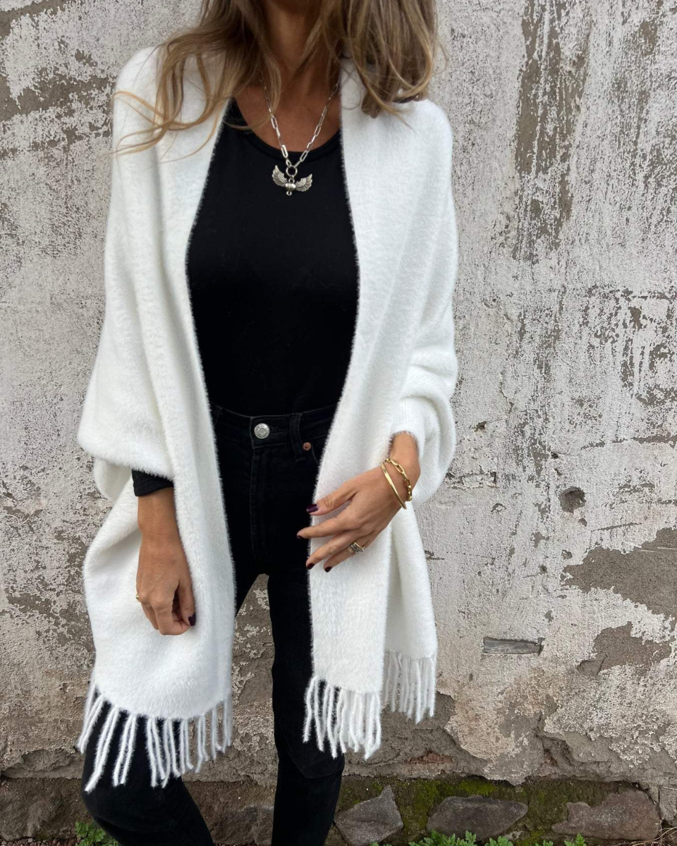 Women's Wool Knit Open-Front Fringe Cardigan Coat