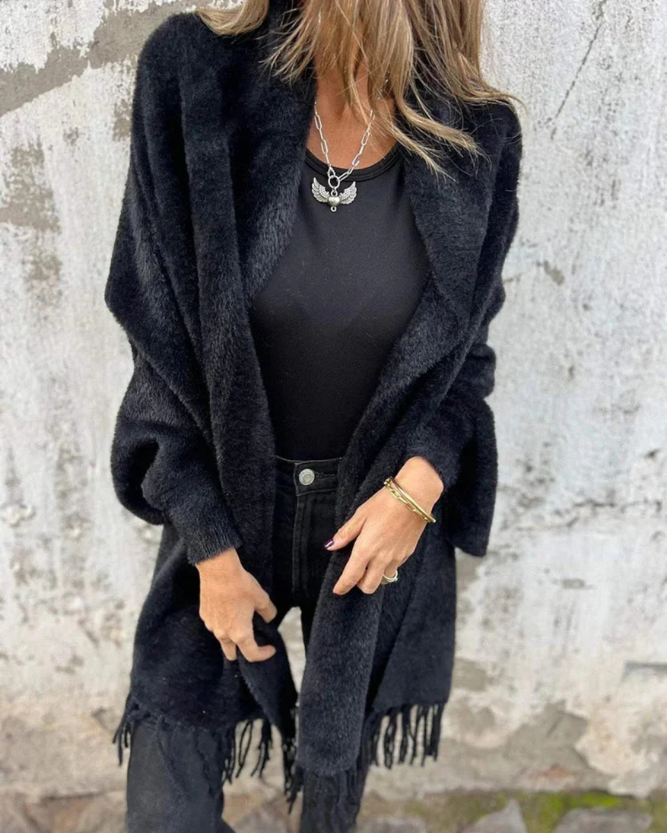 Women's Wool Knit Open-Front Fringe Cardigan Coat
