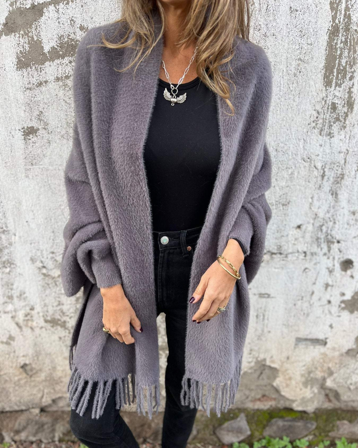 Women's Wool Knit Open-Front Fringe Cardigan Coat