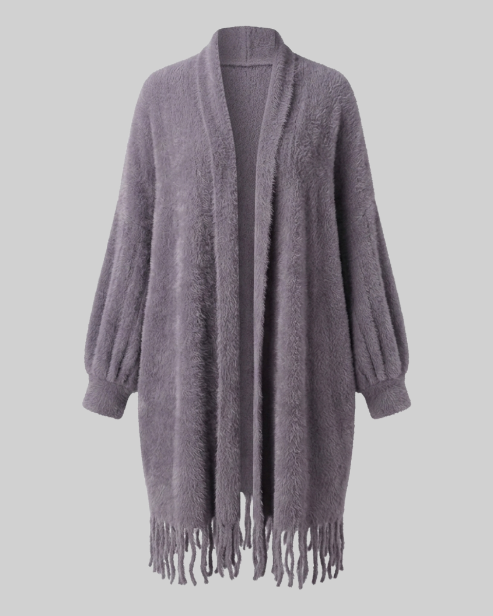 Women's Wool Knit Open-Front Fringe Cardigan Coat