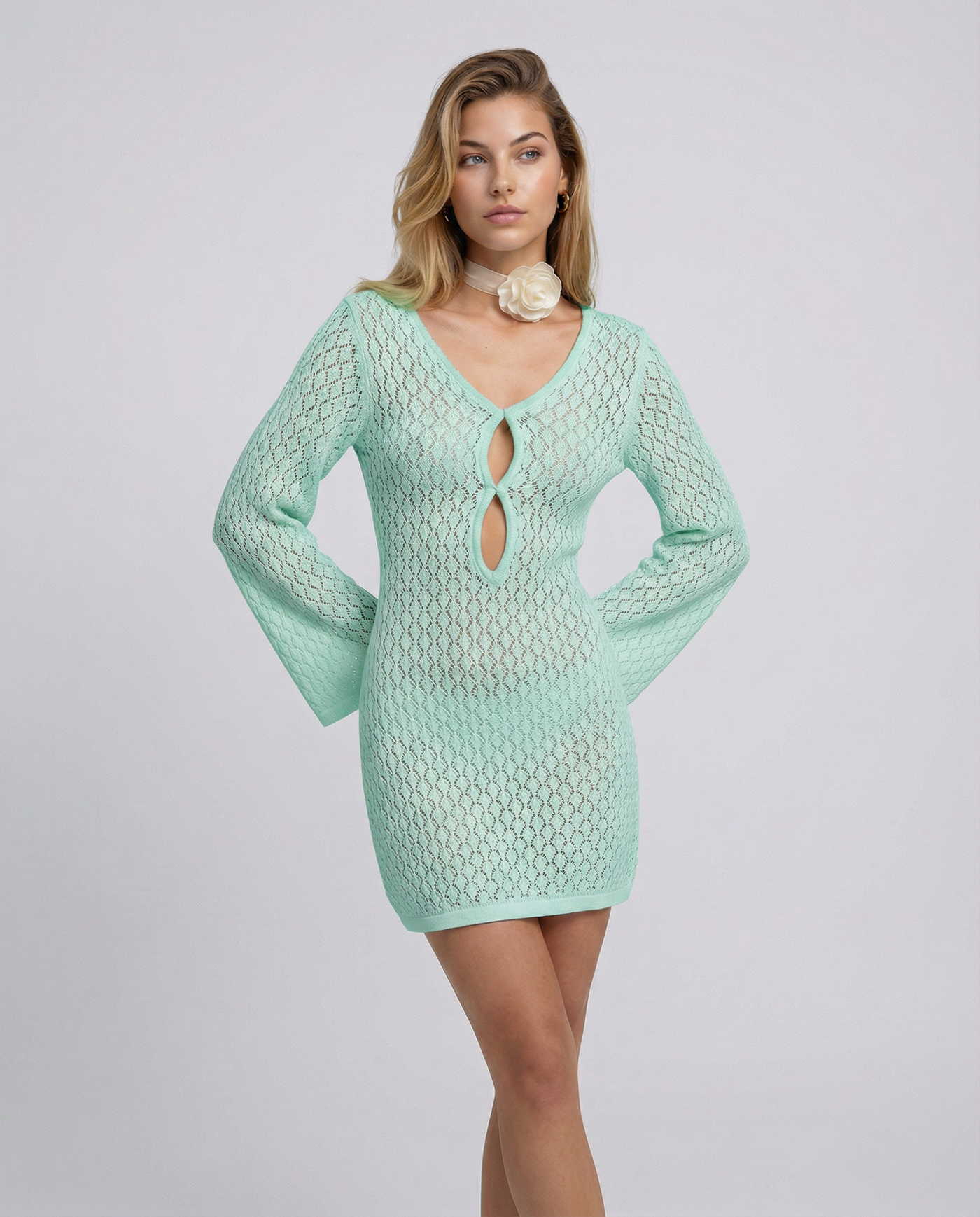 Kayleigh | Crochet Knit Mini Dress with Bell Sleeves