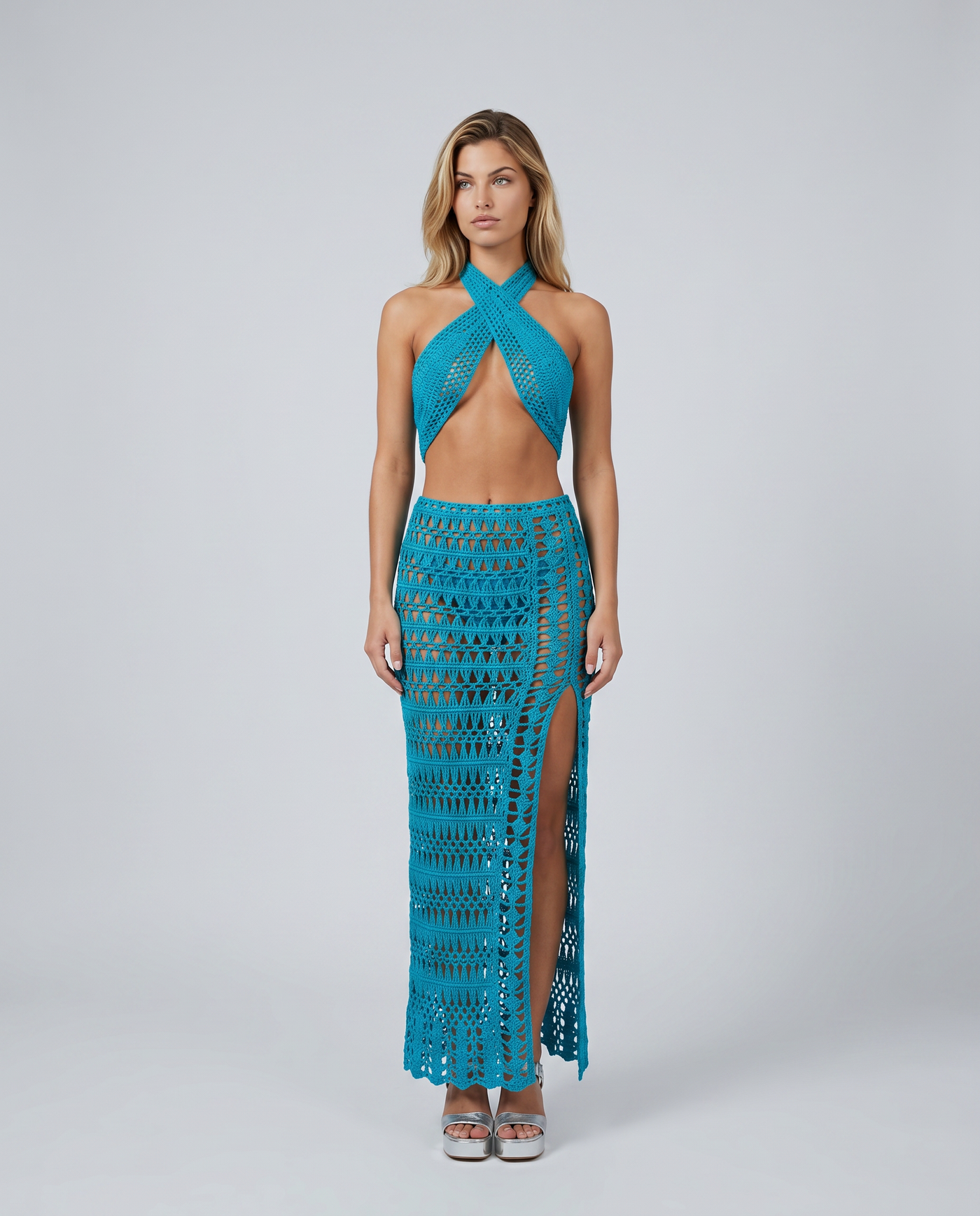 Anne | Crochet Knit Two-Piece Set with Halter Top