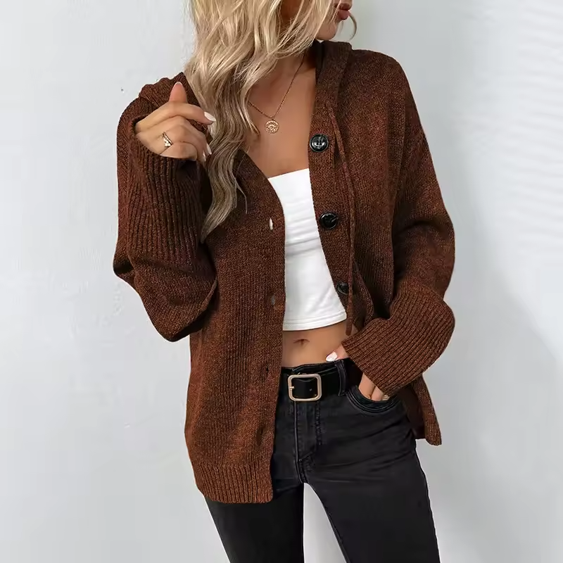 Women's Knit Hooded Cardigan Loose Long Sleeve Button Down Sweater Jacket