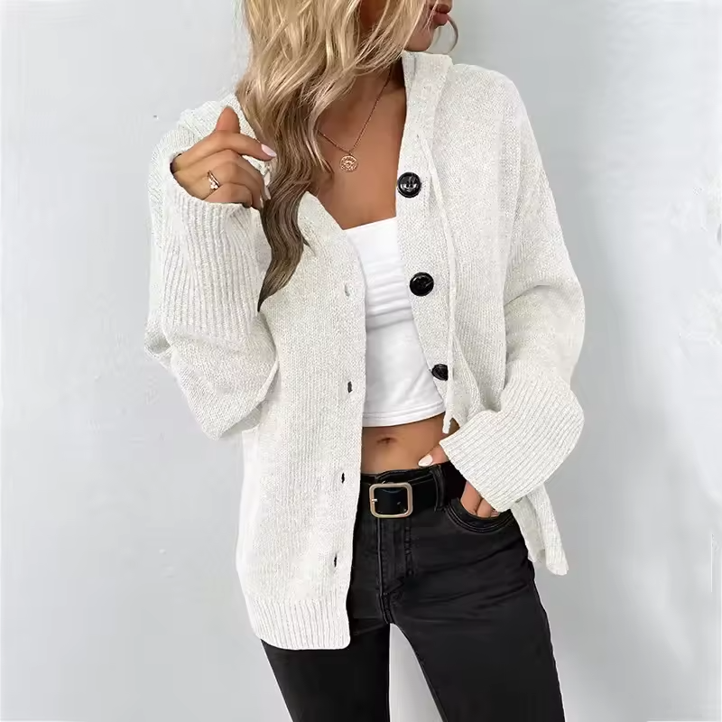 Women's Knit Hooded Cardigan Loose Long Sleeve Button Down Sweater Jacket