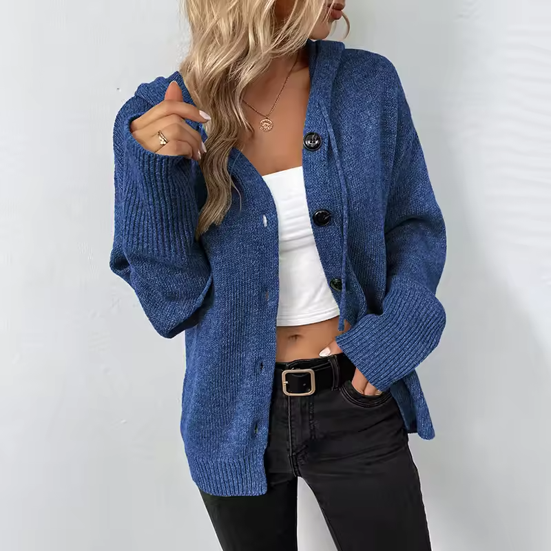 Women's Knit Hooded Cardigan Loose Long Sleeve Button Down Sweater Jacket