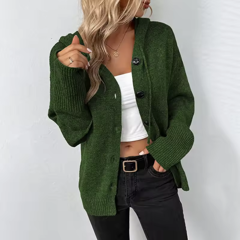 Women's Knit Hooded Cardigan Loose Long Sleeve Button Down Sweater Jacket