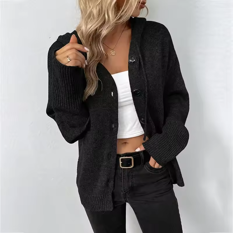 Women's Knit Hooded Cardigan Loose Long Sleeve Button Down Sweater Jacket