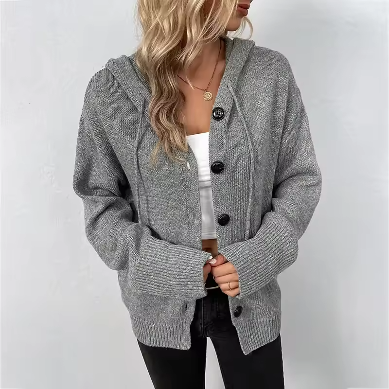 Women's Knit Hooded Cardigan Loose Long Sleeve Button Down Sweater Jacket