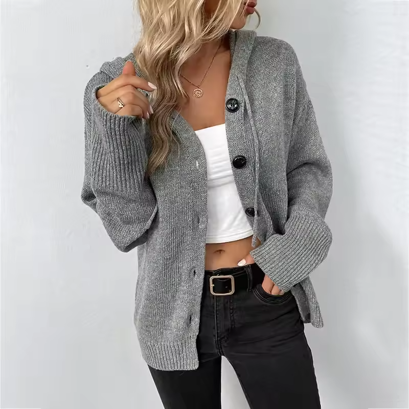 Women's Knit Hooded Cardigan Loose Long Sleeve Button Down Sweater Jacket