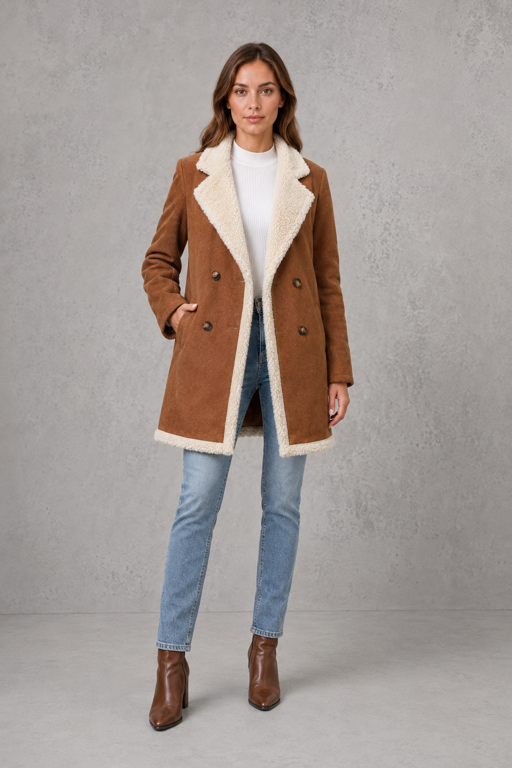 Women’s Elegant Shearling-Lined Winter Coat – Double-Breasted Suede-Look Jacket