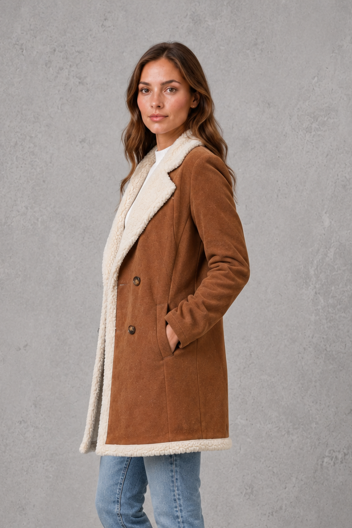 Women’s Elegant Shearling-Lined Winter Coat – Double-Breasted Suede-Look Jacket