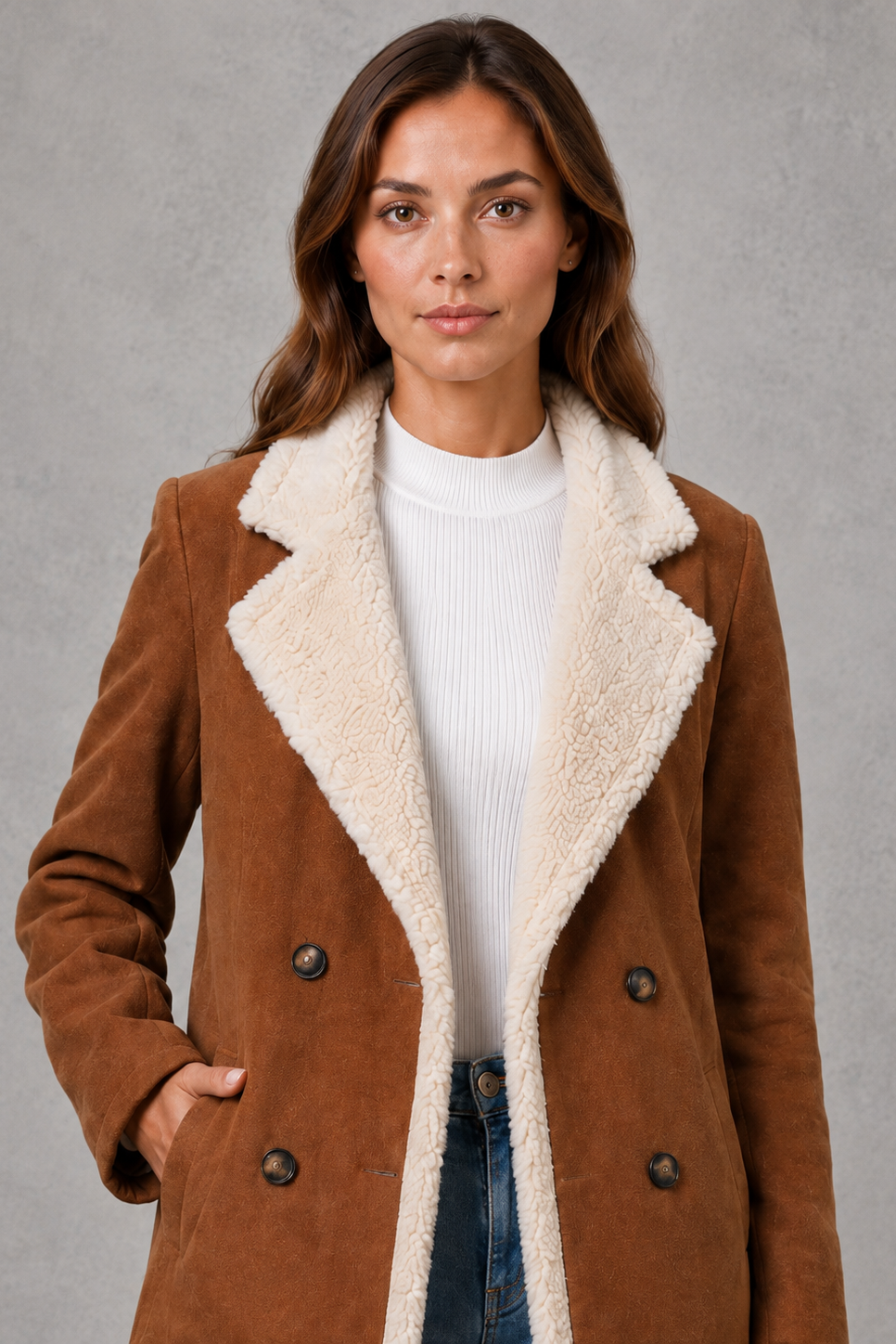 Women’s Elegant Shearling-Lined Winter Coat – Double-Breasted Suede-Look Jacket
