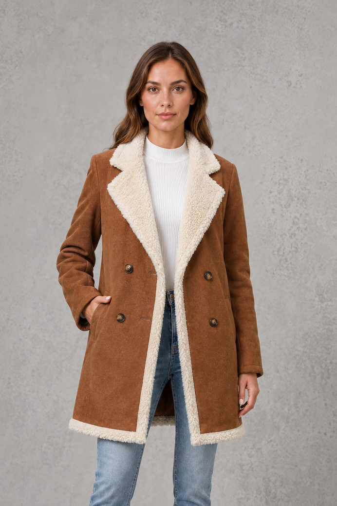 Women’s Elegant Shearling-Lined Winter Coat – Double-Breasted Suede-Look Jacket