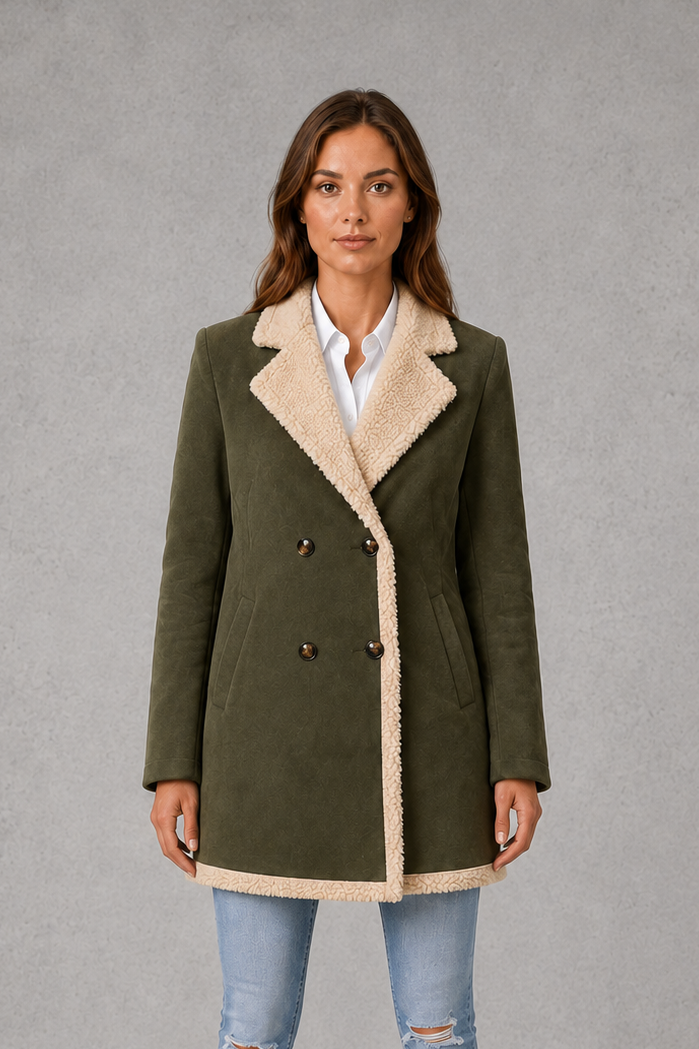 Women’s Elegant Shearling-Lined Winter Coat – Double-Breasted Suede-Look Jacket