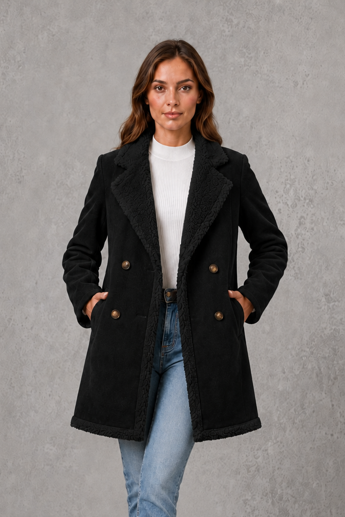 Women’s Elegant Shearling-Lined Winter Coat – Double-Breasted Suede-Look Jacket