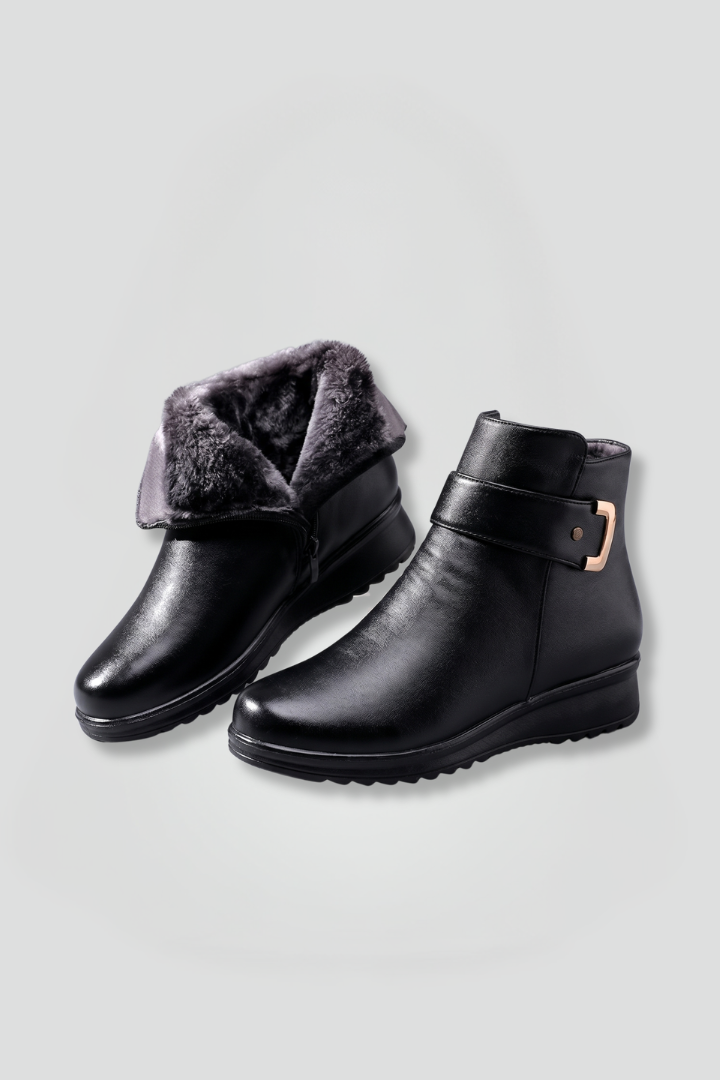 Women's Leather Warm Fur Lined Buckle Low Wedge Ankle Boots