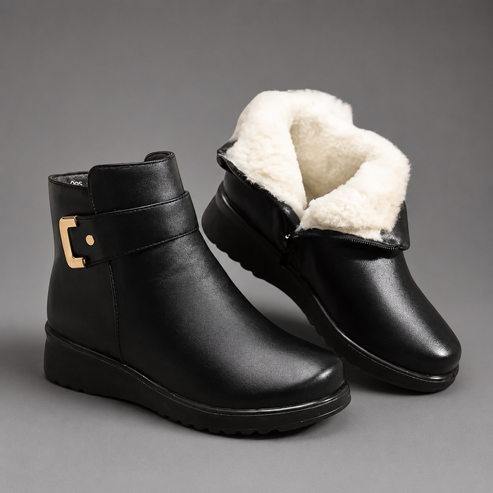 Women’s Black Leather Comfort Ankle Boots – Shearling-Lined Winter Buckle Shoes
