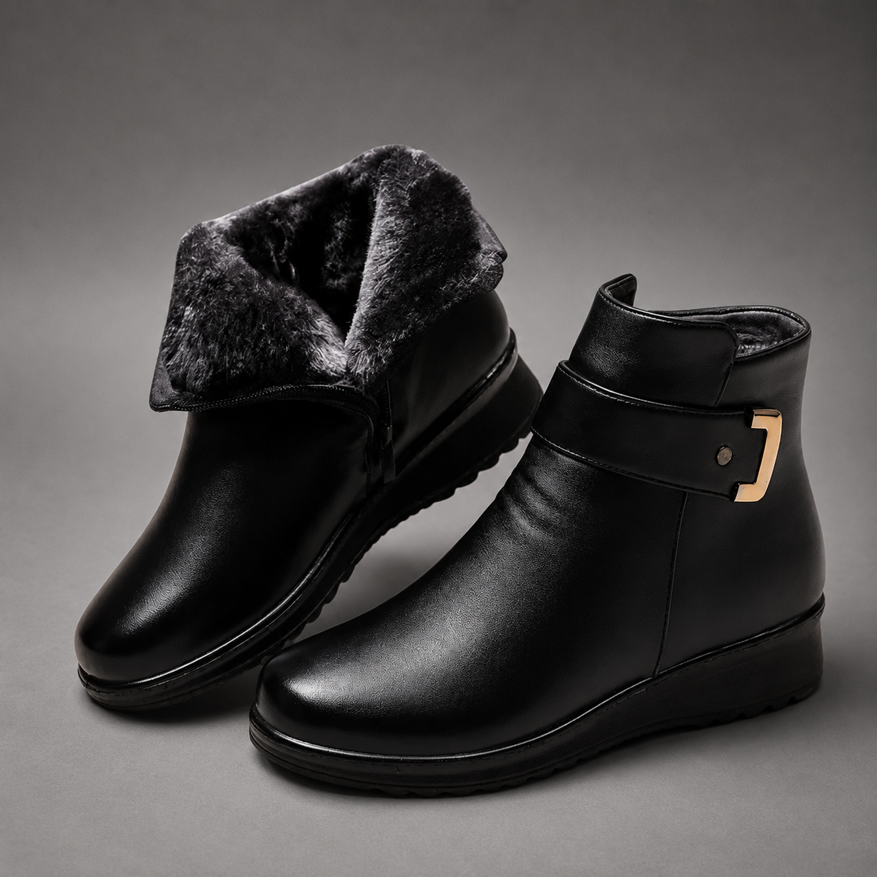 Women’s Black Leather Comfort Ankle Boots – Shearling-Lined Winter Buckle Shoes