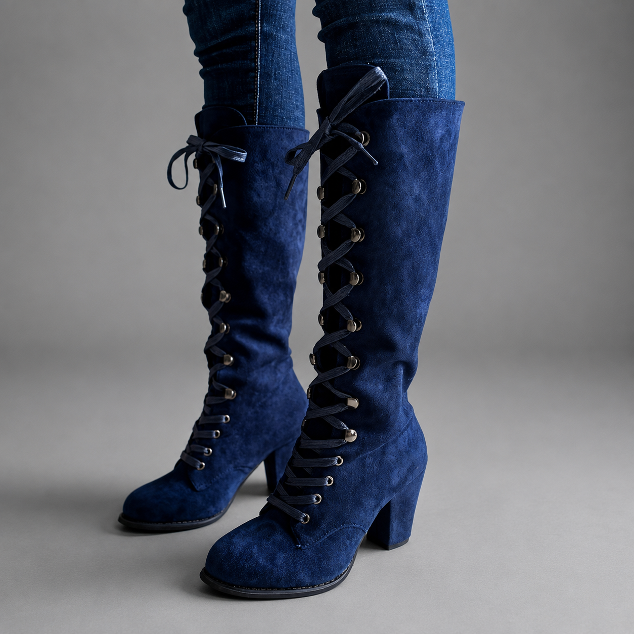 Women’s Blue Lace-Up Block Heel Ankle Boots – Stylish Everyday Casual Shoes
