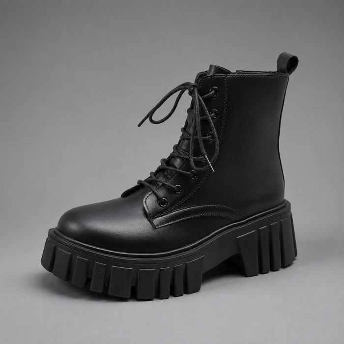 Women's Combat Ankle Boots - Chunky Leather Lace Up Boots