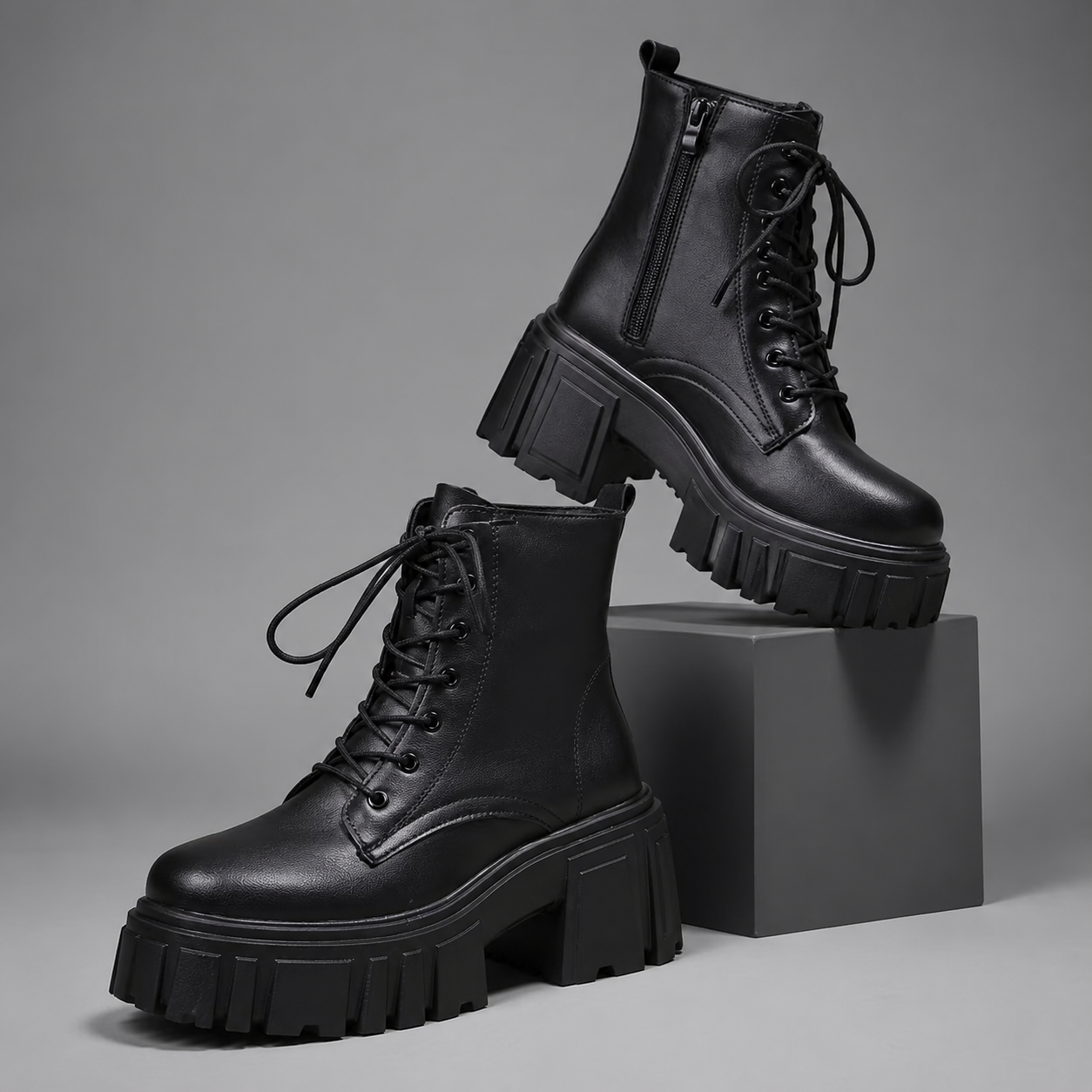 Women's Combat Ankle Boots - Chunky Leather Lace Up Boots