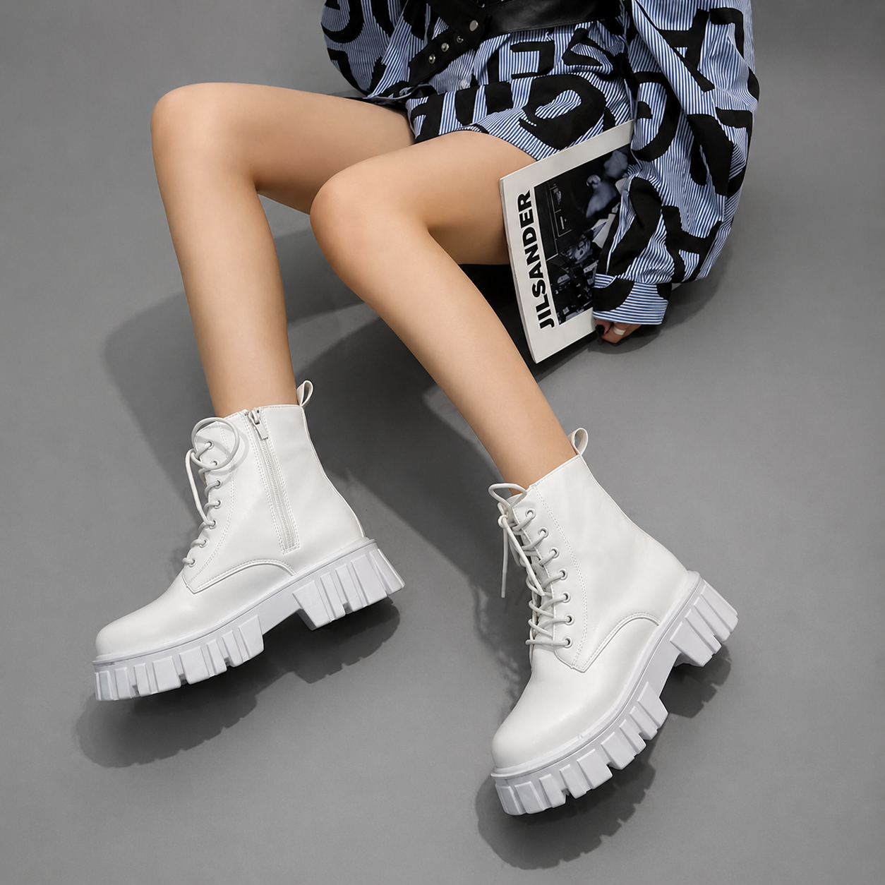 Women's Combat Ankle Boots - Chunky Leather Lace Up Boots