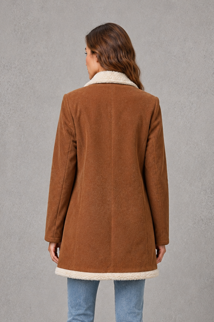 Women’s Elegant Shearling-Lined Winter Coat – Double-Breasted Suede-Look Jacket