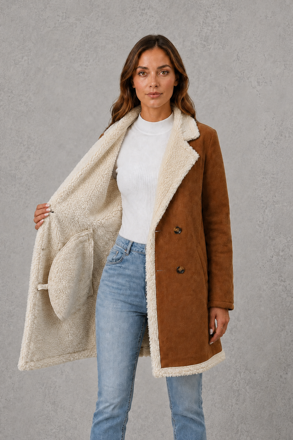 Women’s Elegant Shearling-Lined Winter Coat – Double-Breasted Suede-Look Jacket