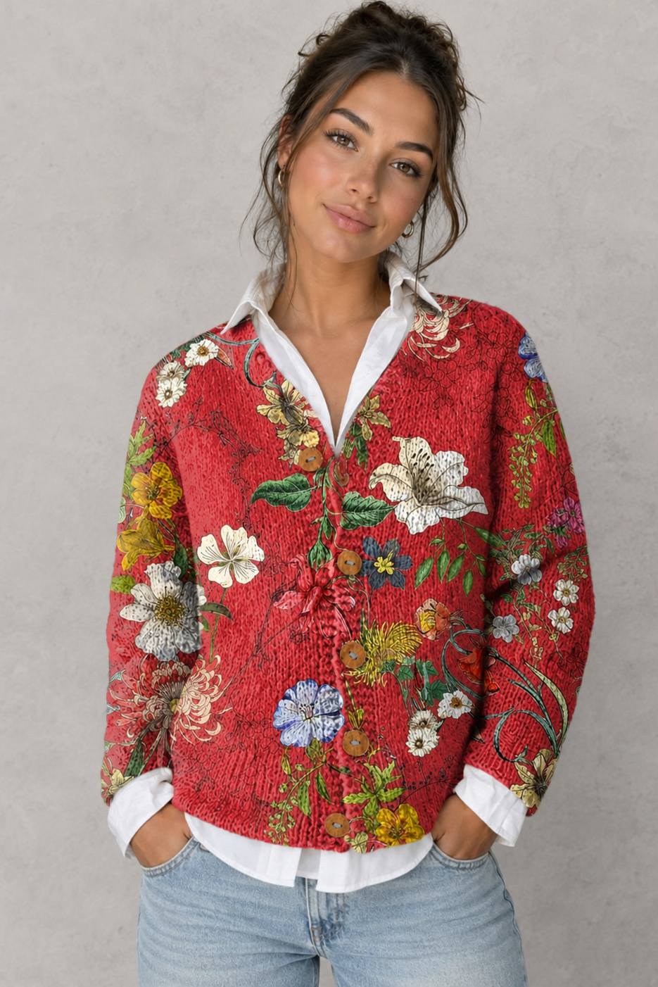 Women’s Floral Knitted Cardigan - Button Up Long Sleeve Cardigan