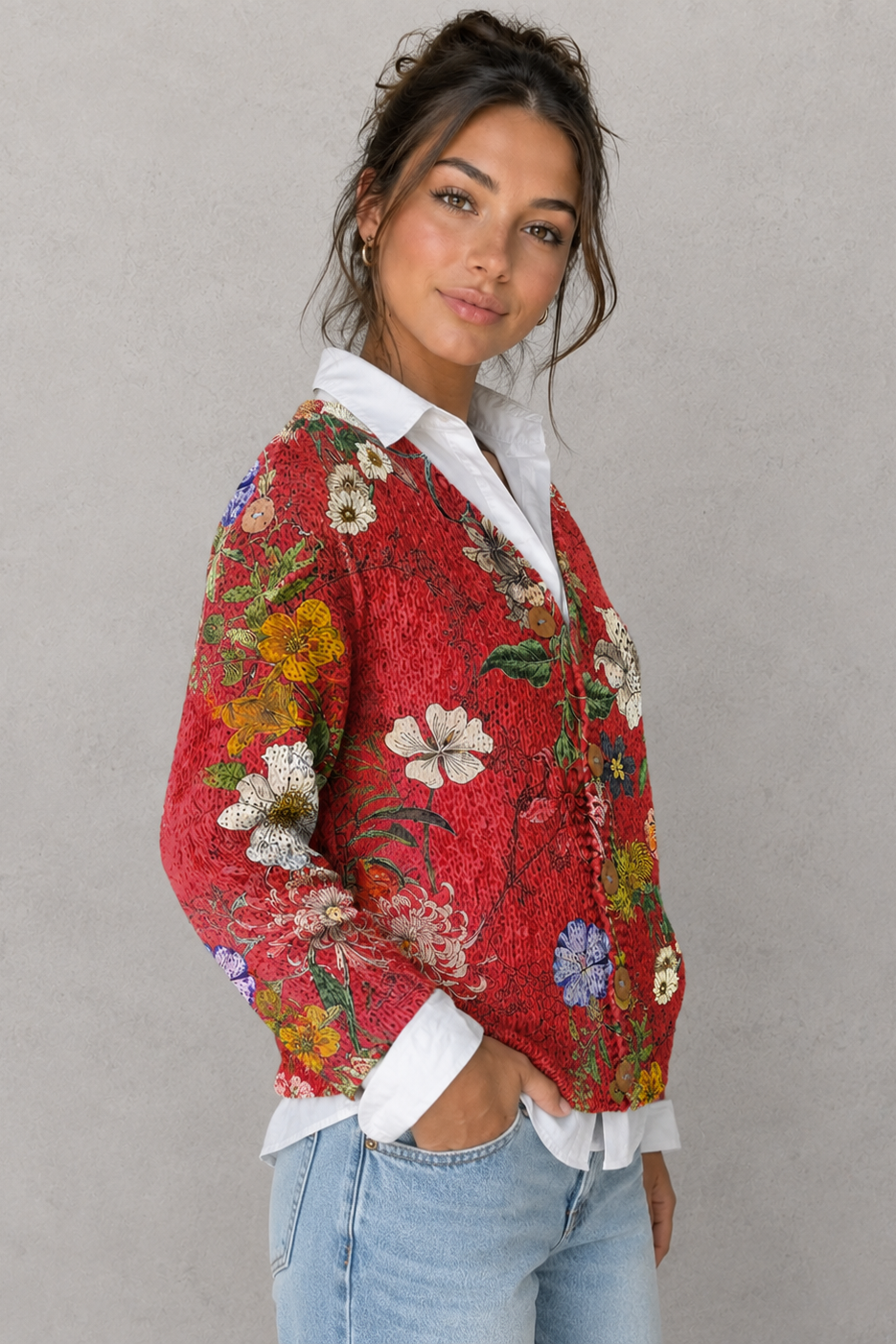 Women’s Floral Knitted Cardigan - Button Up Long Sleeve Cardigan