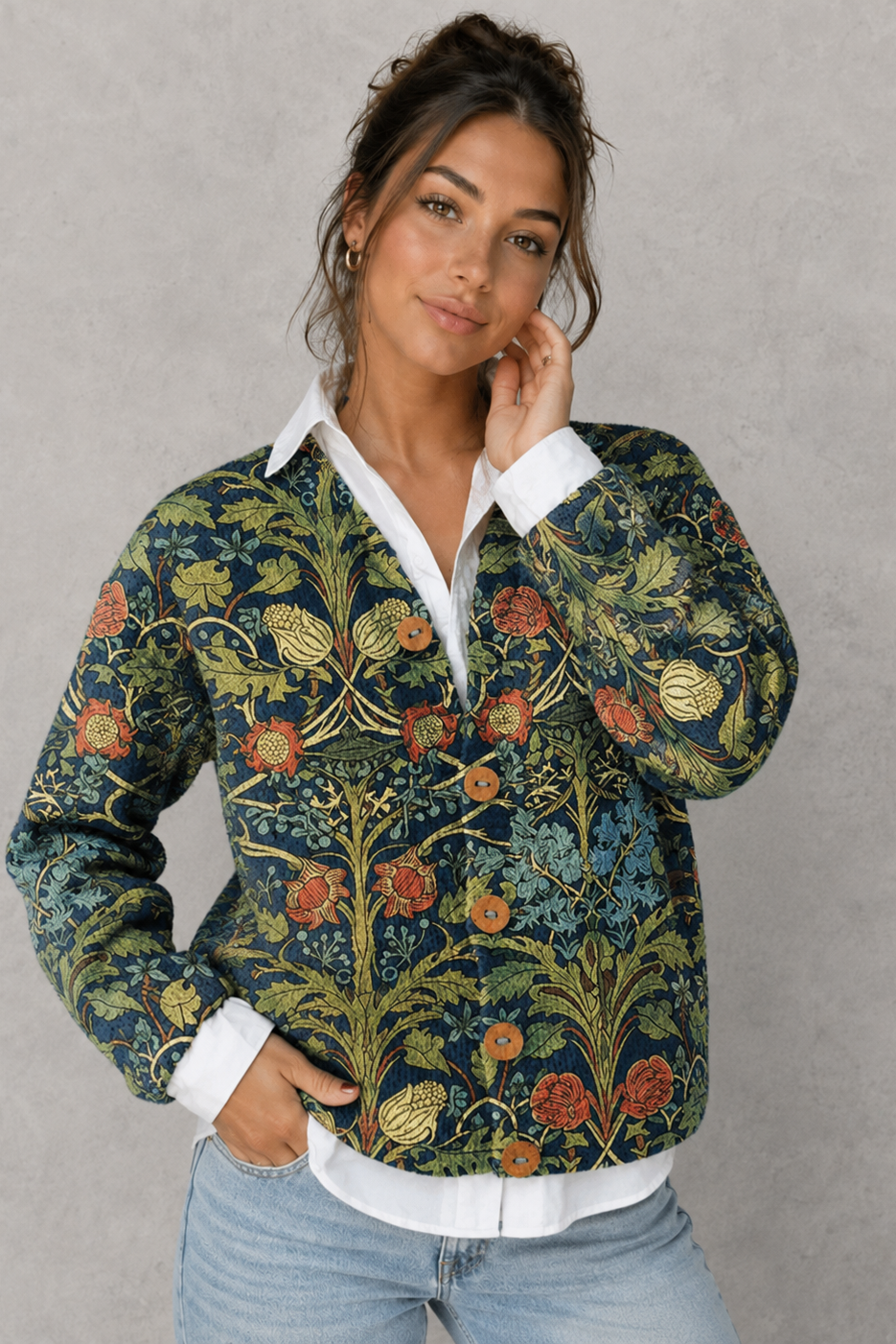 Women’s Floral Knitted Cardigan - Button Up Long Sleeve Cardigan