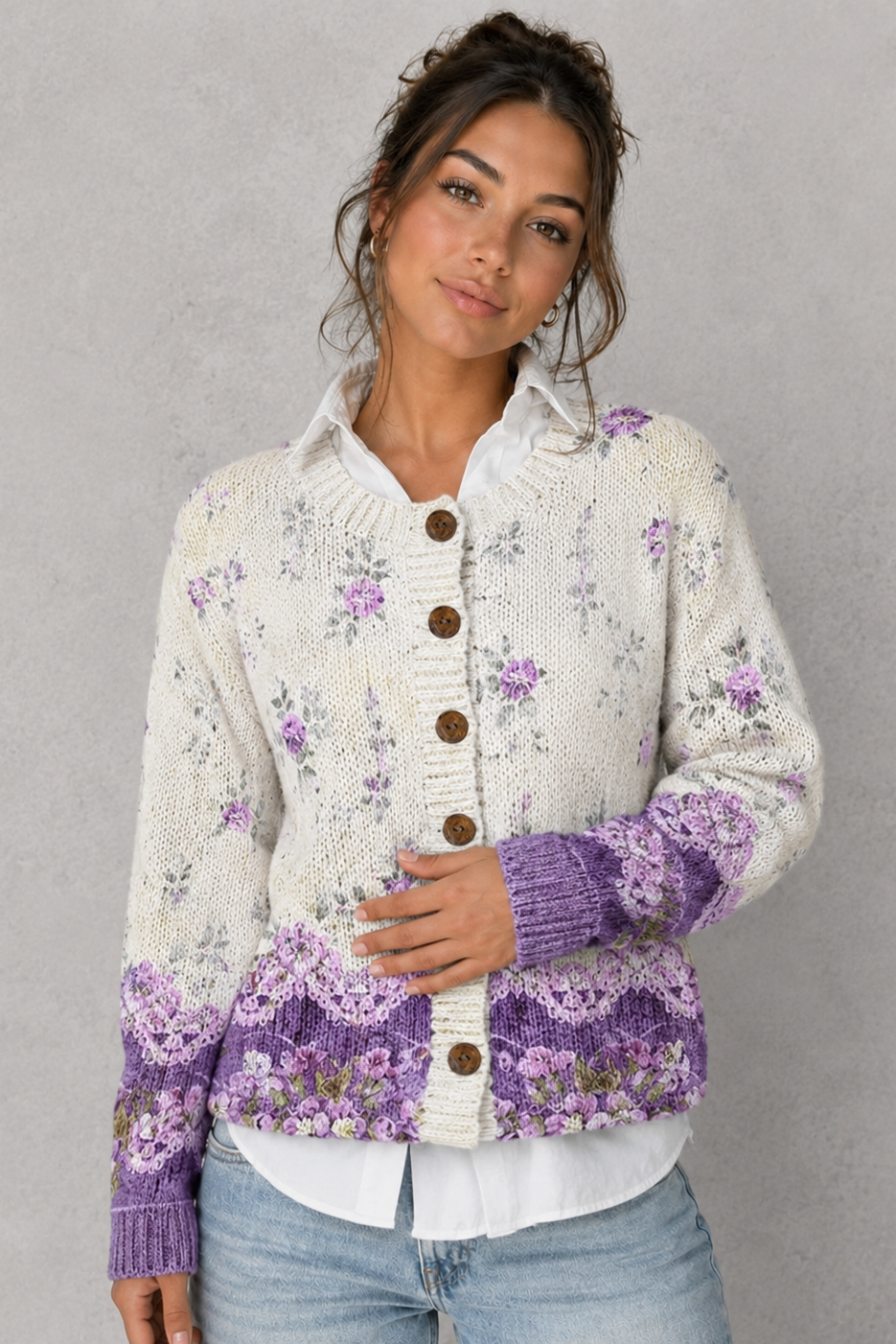 Women’s Floral Knitted Cardigan - Button Up Long Sleeve Cardigan