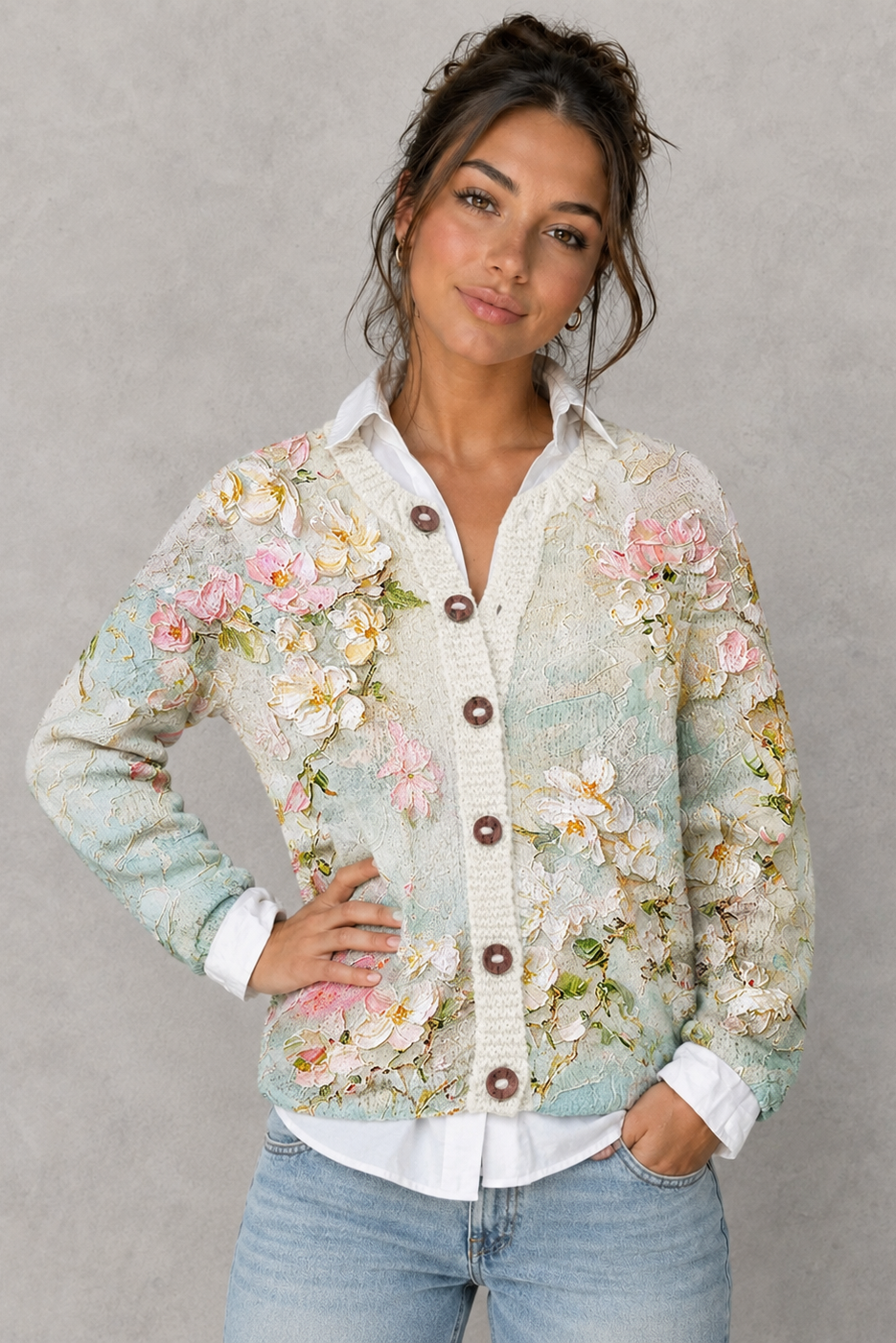 Women’s Floral Knitted Cardigan - Button Up Long Sleeve Cardigan