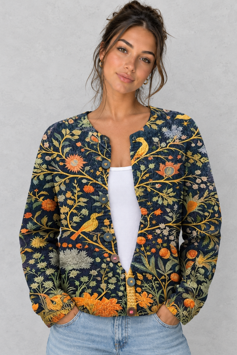 Women’s Floral Knitted Cardigan - Button Up Long Sleeve Cardigan