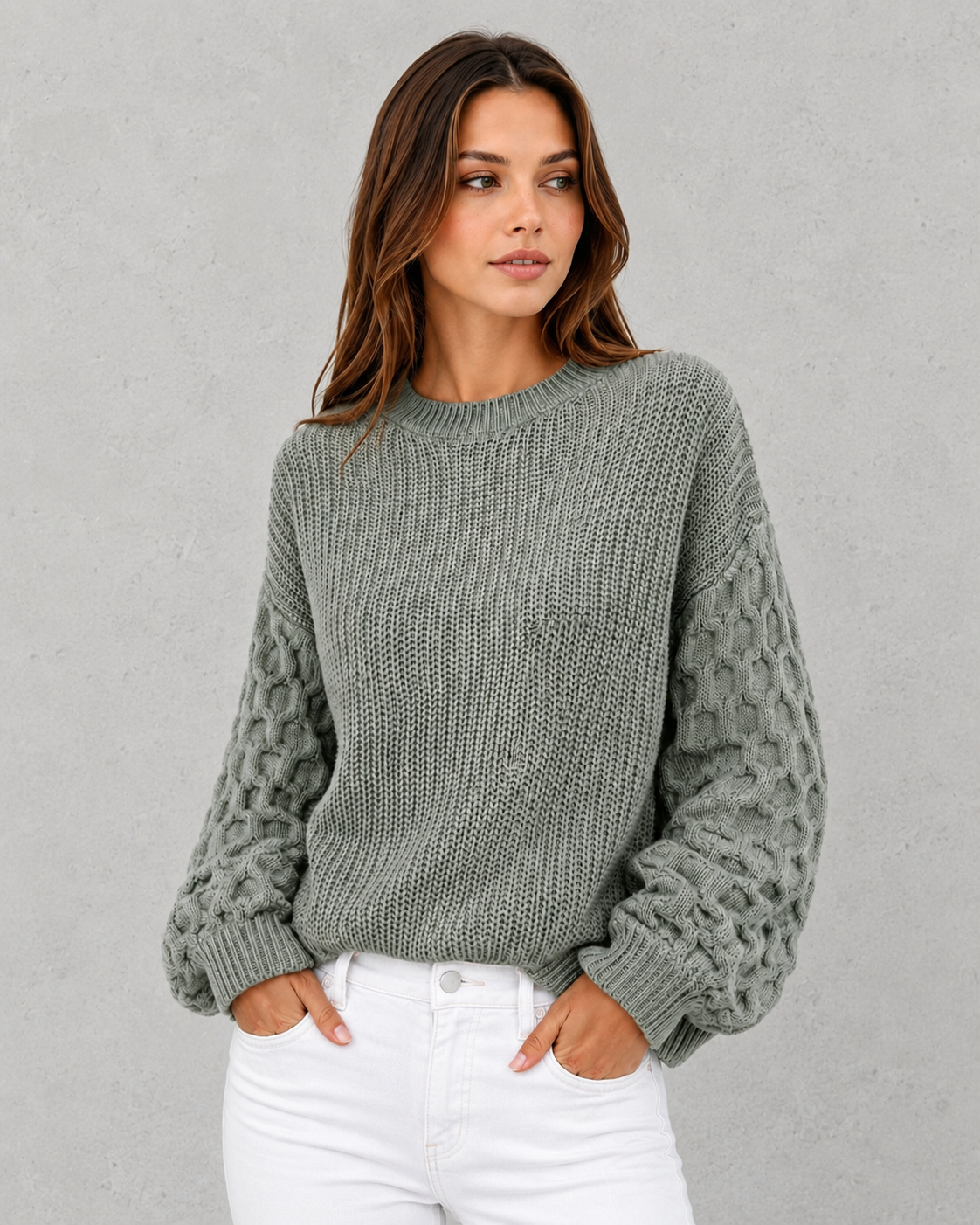 Women's Lantern Sleeve Knit Jumper - Soft Textured Winter Sweater