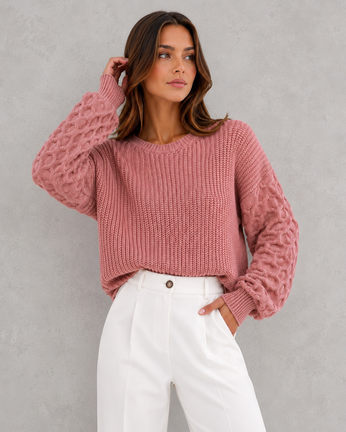 Women's Lantern Sleeve Knit Jumper - Soft Textured Winter Sweater