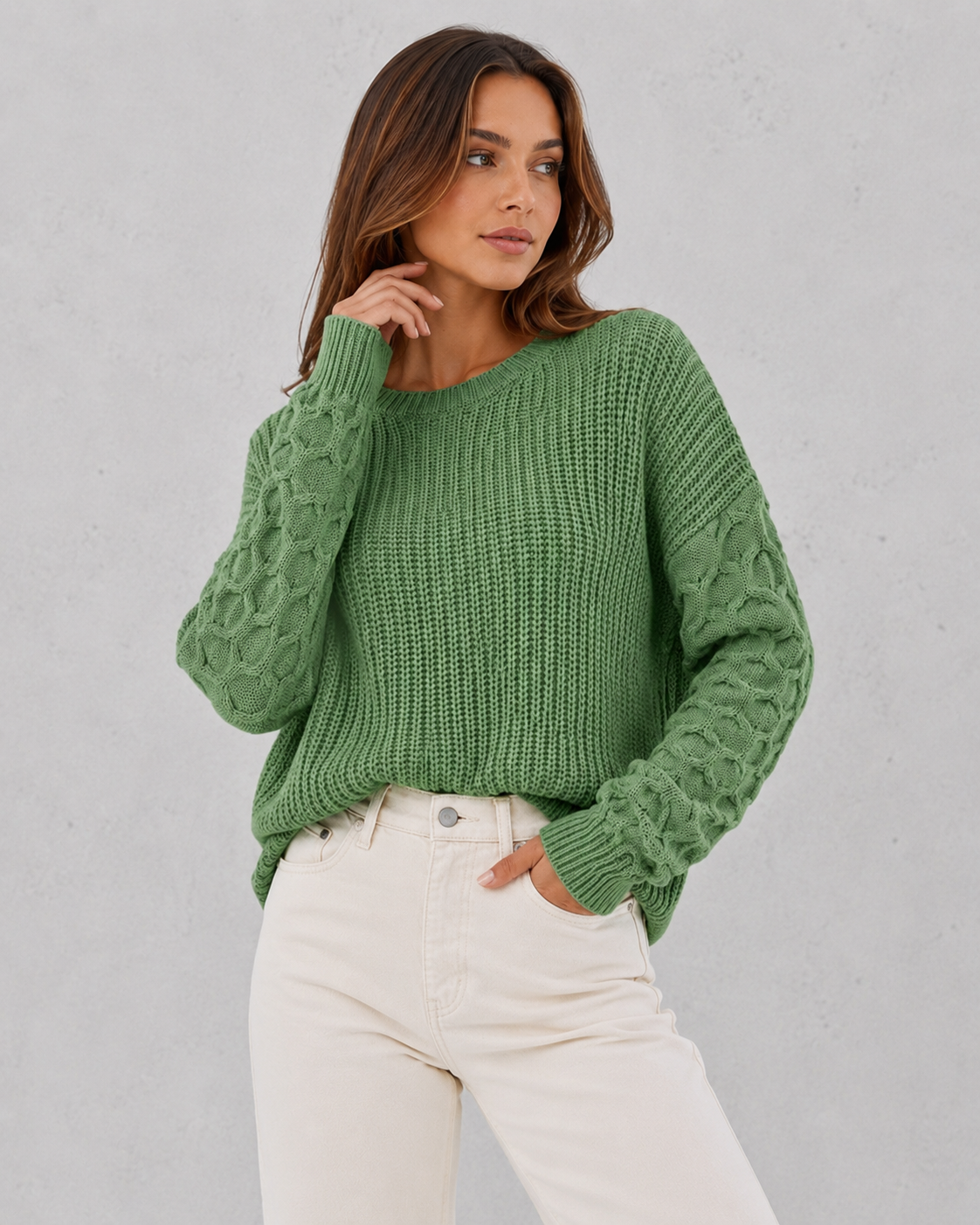 Women's Lantern Sleeve Knit Jumper - Soft Textured Winter Sweater