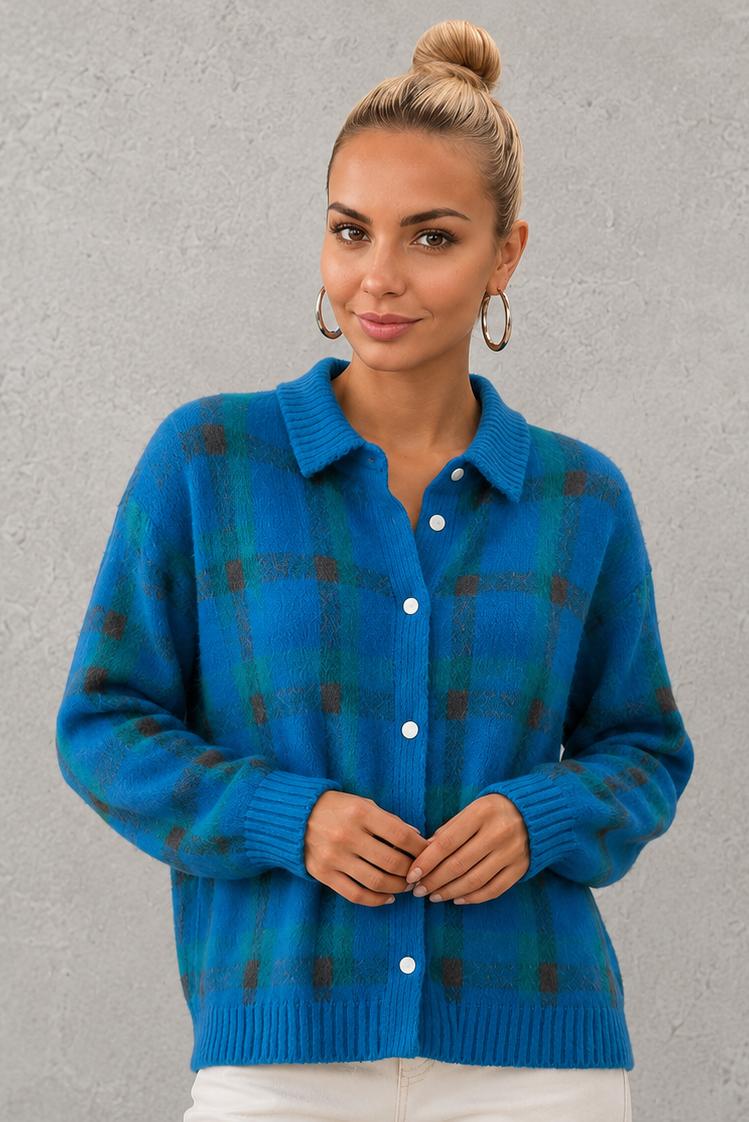 Women’s Checked Knitted Cardigan - Button Up Collared Cardigan