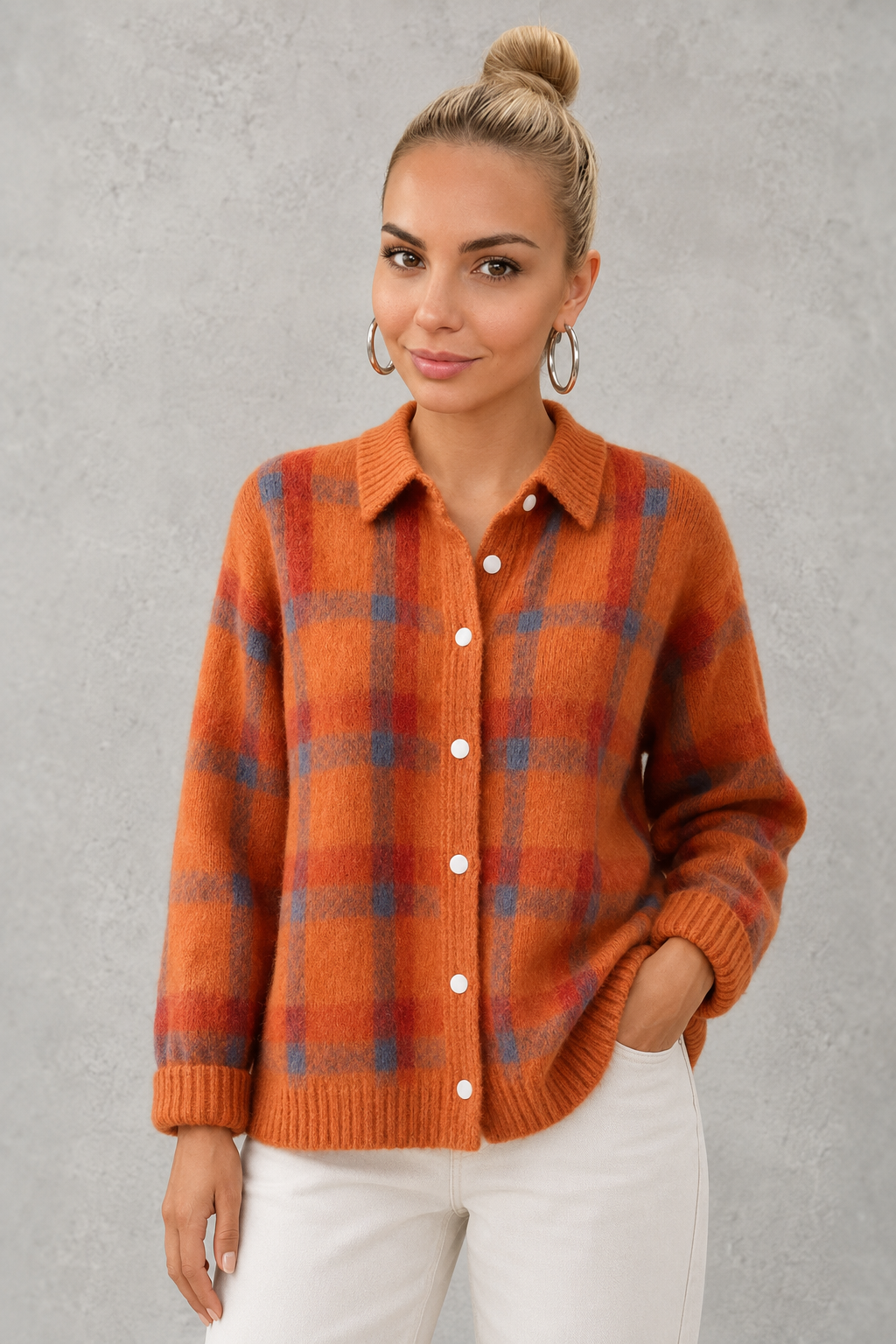 Women’s Checked Knitted Cardigan - Button Up Collared Cardigan