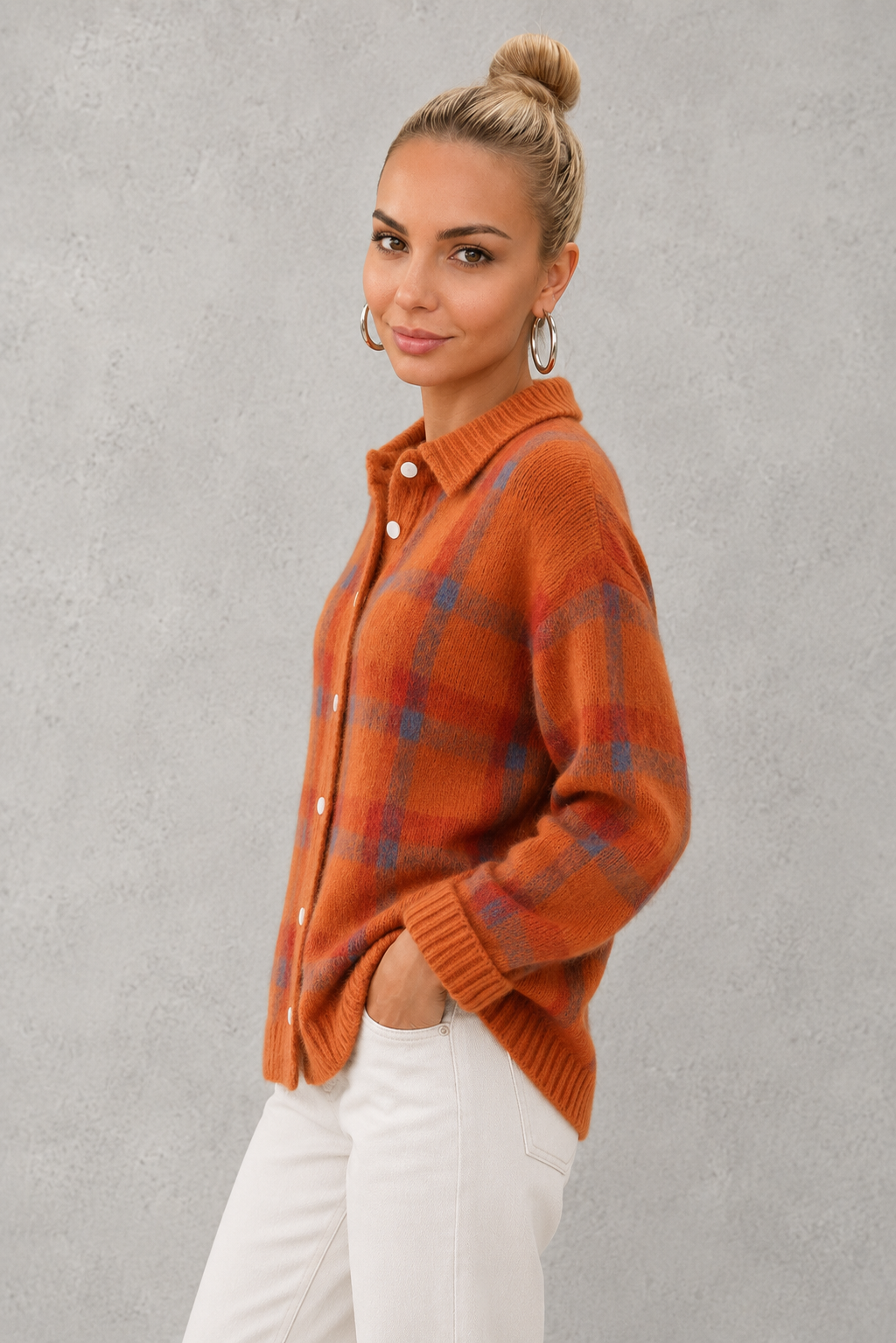 Women’s Checked Knitted Cardigan - Button Up Collared Cardigan