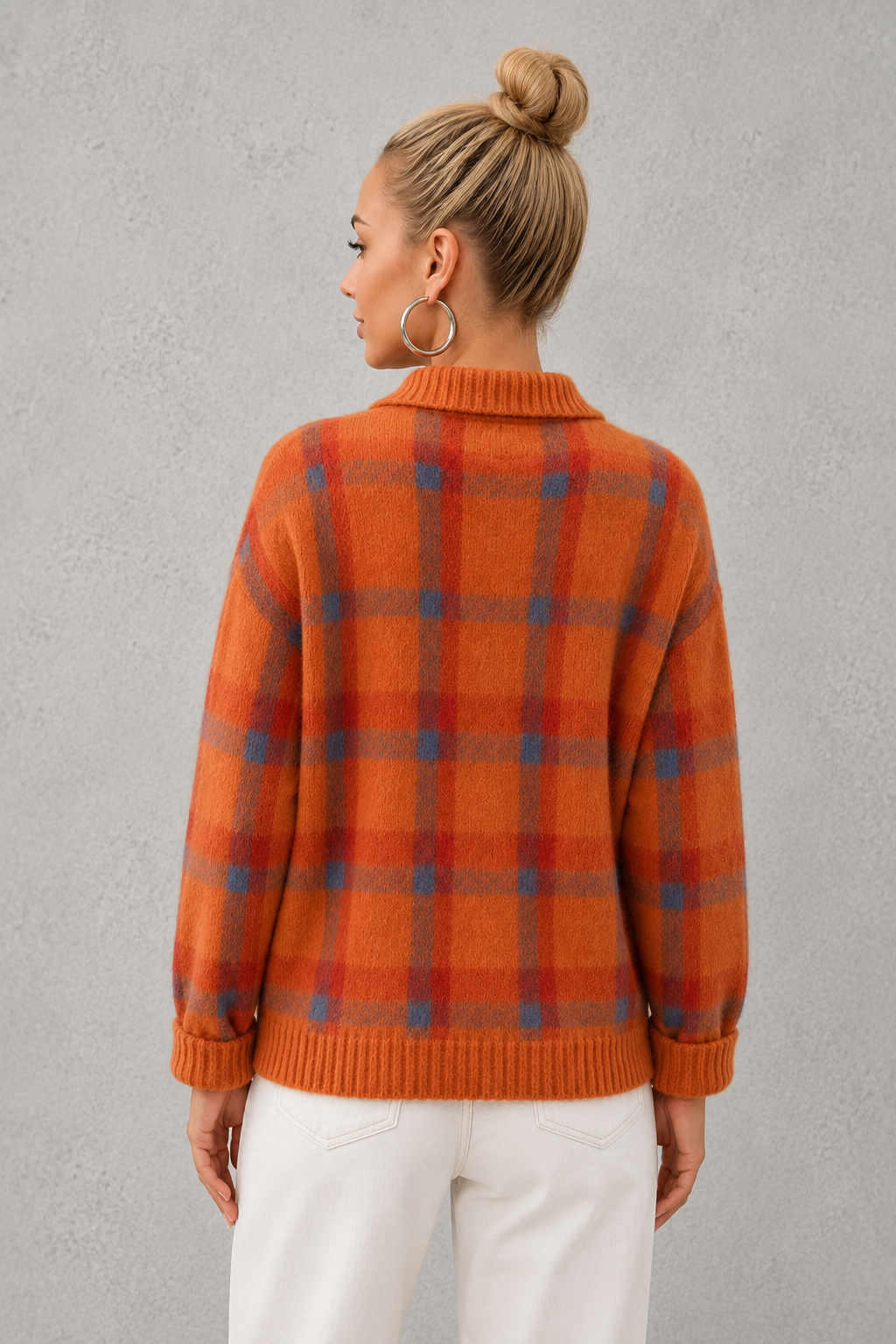 Women’s Checked Knitted Cardigan - Button Up Collared Cardigan