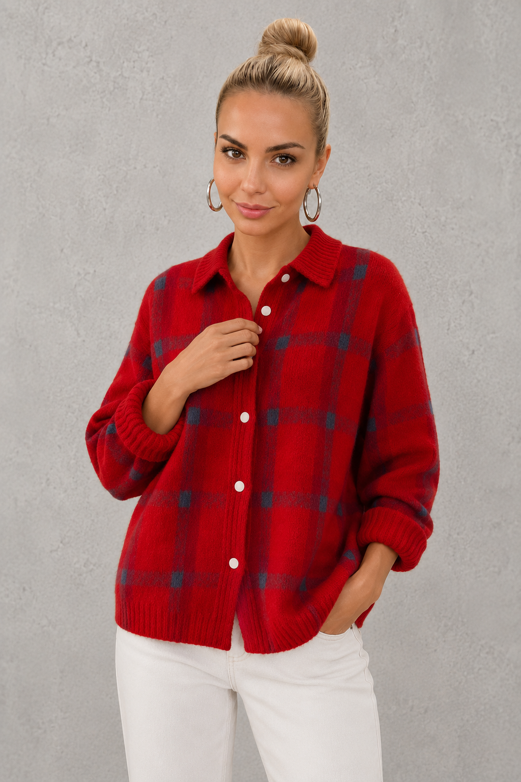 Women’s Checked Knitted Cardigan - Button Up Collared Cardigan