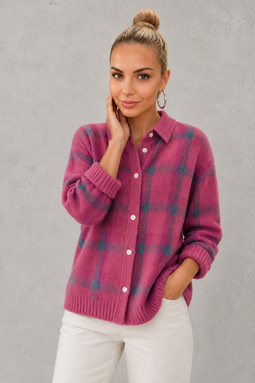 Women’s Checked Knitted Cardigan - Button Up Collared Cardigan