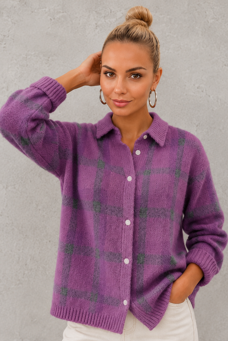 Women’s Checked Knitted Cardigan - Button Up Collared Cardigan