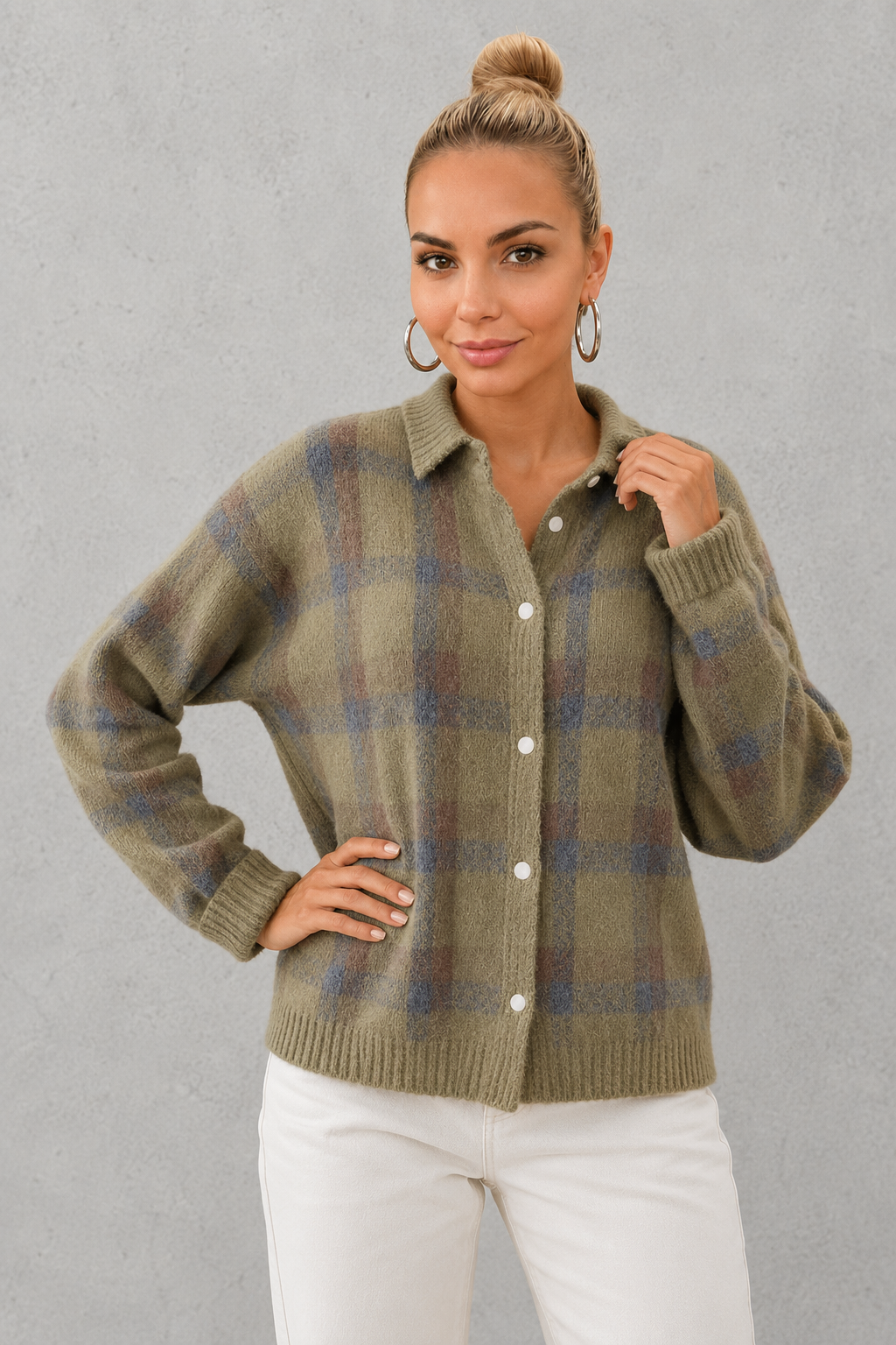 Women’s Checked Knitted Cardigan - Button Up Collared Cardigan