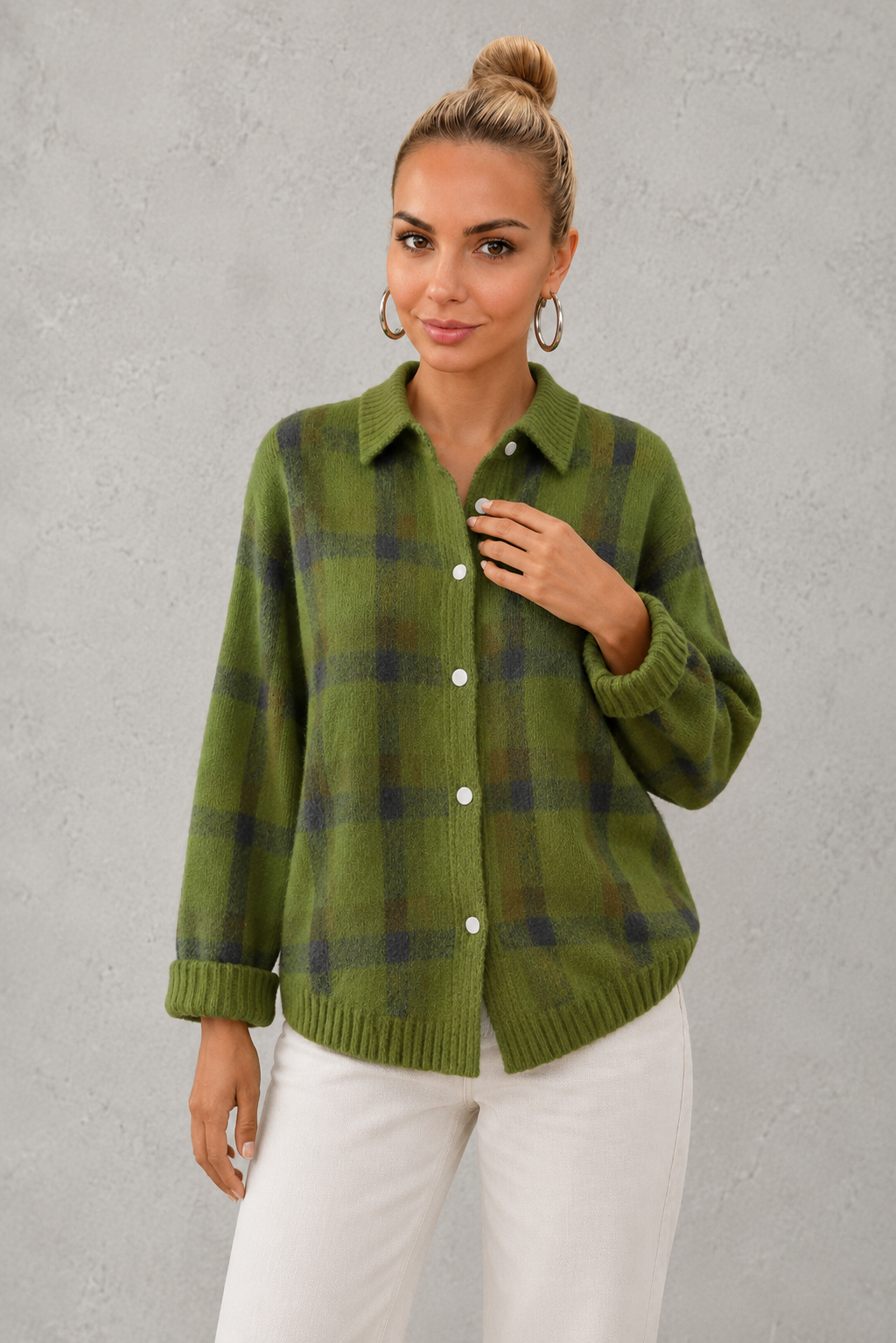 Women’s Checked Knitted Cardigan - Button Up Collared Cardigan