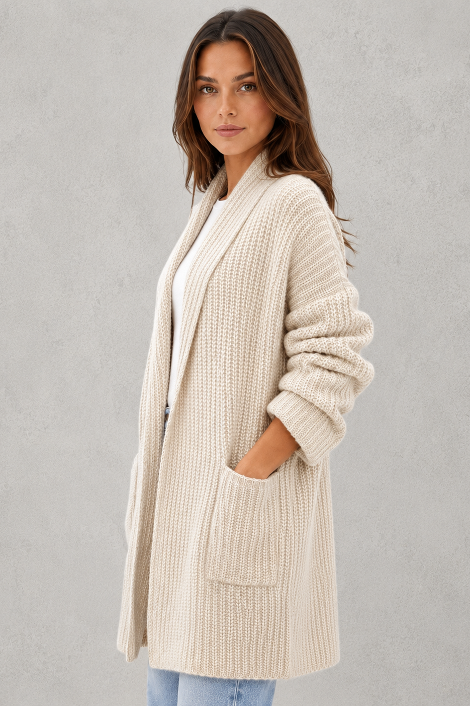 Women's Long Knit Cardigan - Open Front Chunky Knit Pocket Cardigan
